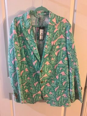 Vineyard Vines Green Leaf Print Blazer with Pink Background